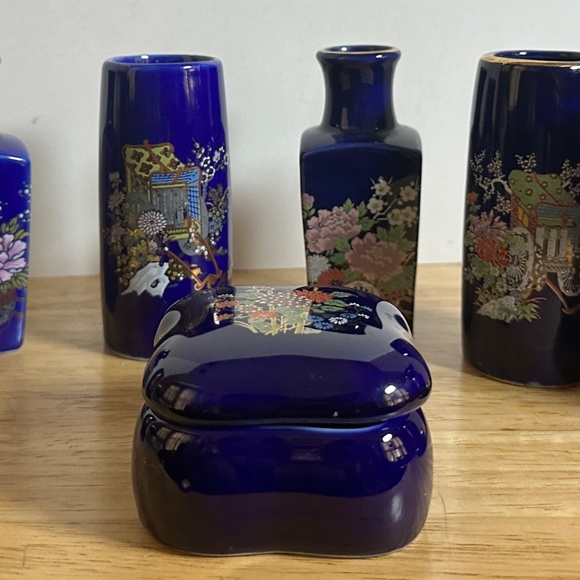 Vintage Cobalt Blue Japanese Mini Vases & Container (Set of 7) - Picture 3 of 11